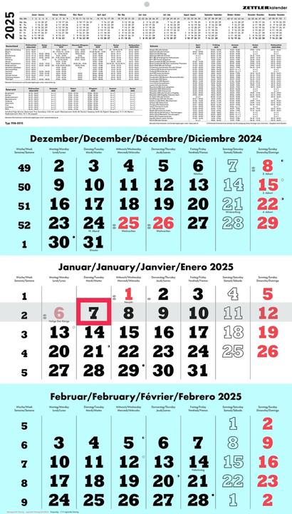 Produktbild 3-Monatskalender 2025 blau, 33x45cm, Bürokalender mit Jahresübersicht, Datumsschieber (Kein Einband, Deutsch)