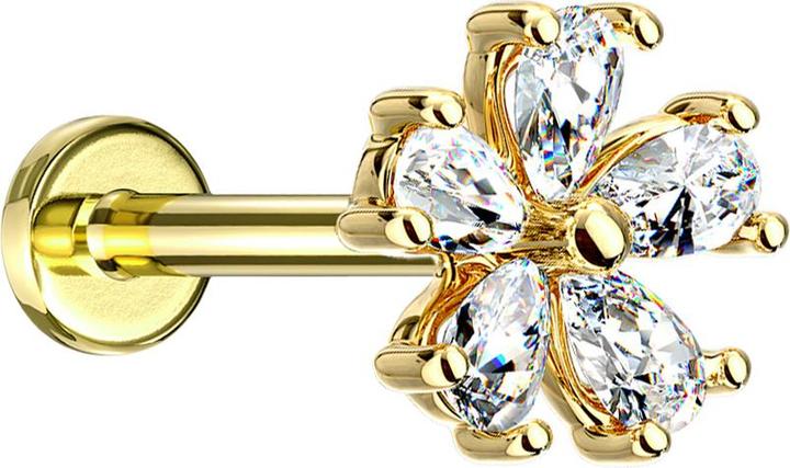 Produktbild Star Piercing Micro Labret Innengewinde 14k vergoldet Blume mit Kristalltropfen (Chirurgenstahl 316L, Messing)