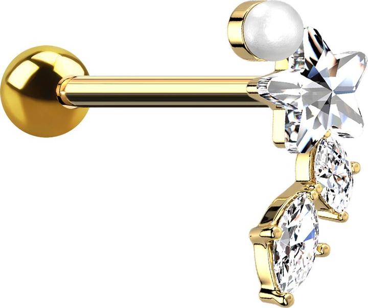 Image du produit Star Piercing Micro Barbell vergoldet Perle Kristallstern und zwei Kristalltropfen (Acier chirurgical 316L, Laiton)