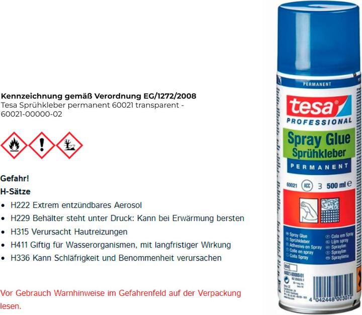 Produktbild tesa Sprühkleber PERMANENT, starker Klebstoff zum Sprühen, 500ml Dose (475 g, 500 ml)