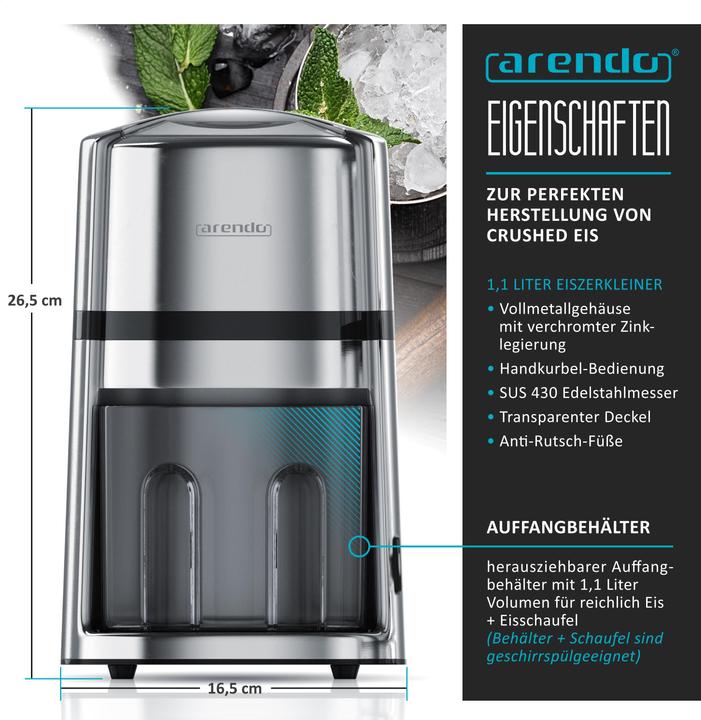 Actual product image Arendo Ice crusher stainless steel 1.1 litre, ice crusher, ice crusher for cooling and keeping fresh