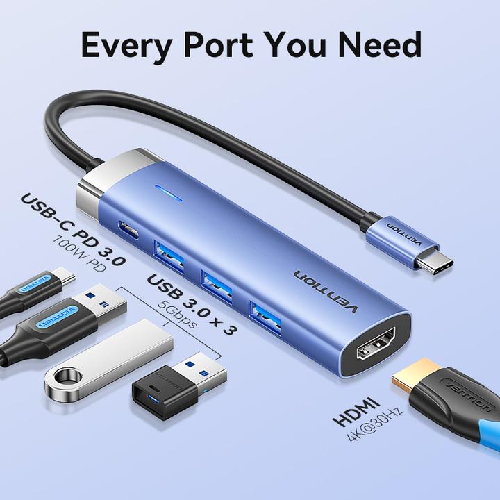 Actual product image Vention USB-C to HDMI/USB 3.0 x 3/PD Docking Station 0.15M Blue Aluminum Alloy Type (USB-C)