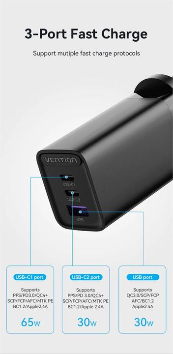 Image du produit Vention Chargeur mural 3 ports USB-A/USB-C - 65W, noir (65 W)