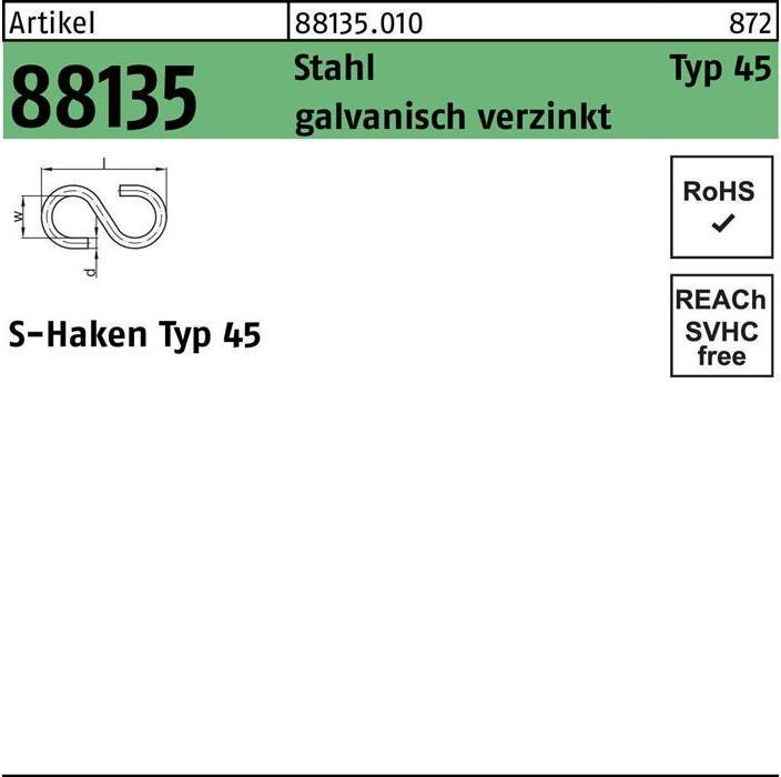 Produktbild S-Haken R 88135 Typ 45 40 x 11 x 3,8 Stahl galvanisch verzinkt (0.04 m)