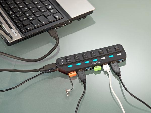 Produktbild Xystec Aktiver USB-3.0-Hub mit 7 Ports, einzeln schaltbar, 2-A-Netzteil
