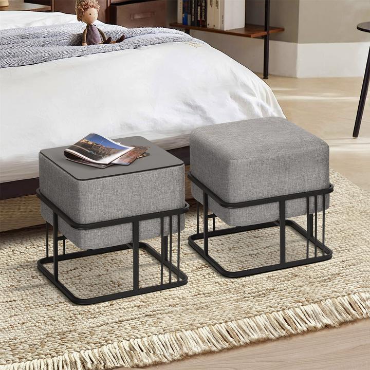 Actual product image En.Casa Multifunktionaler stapelbarer Sitzhocker Tas 2er Set quadratisch Hellgrau