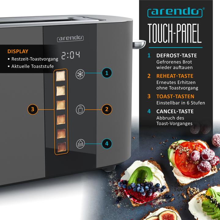 Image du produit Arendo Toaster Edelstahl 2 Scheiben Langschlitz, Restzeit & Bräunungsgradanzeige, Touch Display, 1000 W (Prise UE)