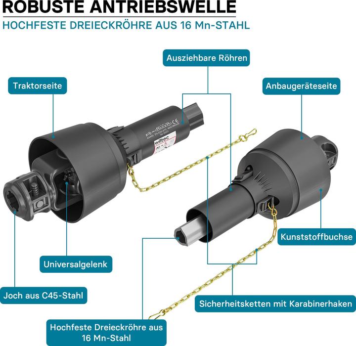 Produktbild Wiltec Zapfwelle T4 Gelenkwelle 520-675mm 460Nm 540U/min PTO-Shaft 40kW 1 3/8" 6 Zähne (Traktorzubehör)