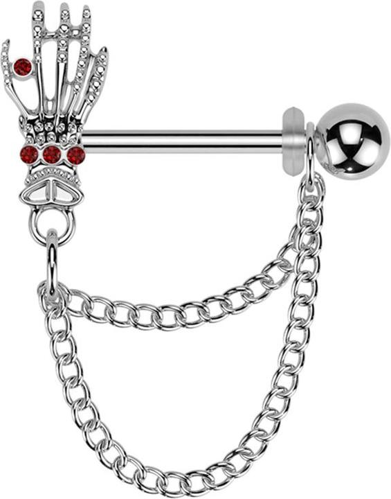 Produktbild Star Piercing Barbell silber mit Kugel und Skeletthand Kristalle rot Anhänger zwei Ketten links (Chirurgenstahl 316L, Messing)