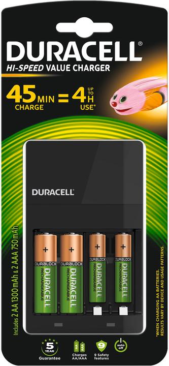 Duracell Chargeur économique à grande vitesse, y compris 2x AA et 2x AAA (4 pcs, AA, AAA, 1300 mAh, Piles rechargeables + chargeur)
