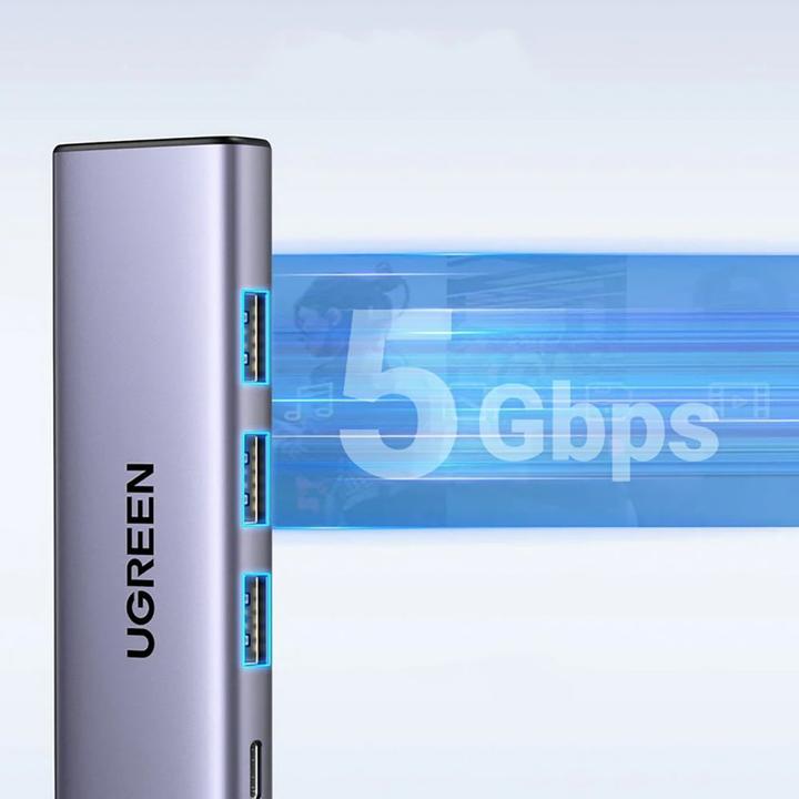 Produktbild Ugreen HUB CM511 15597 5in1 USB-C - USB-C PD / HDMI / 3x USB-A 3.0 - gray (USB-C, 5 Ports)