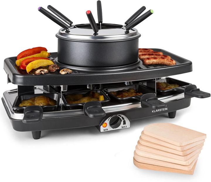 Klarstein Entrecôte 2-in-1 Raclette Fondue Kombi Schwarz, mit Pfännchenuntersetzer