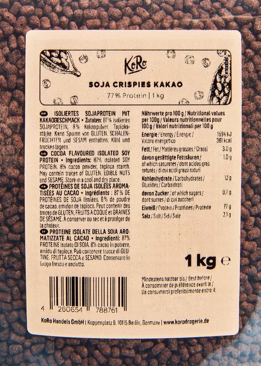 Nutritional values and ingredients KoRo Isolated soya protein with cocoa flavour (1000 g)