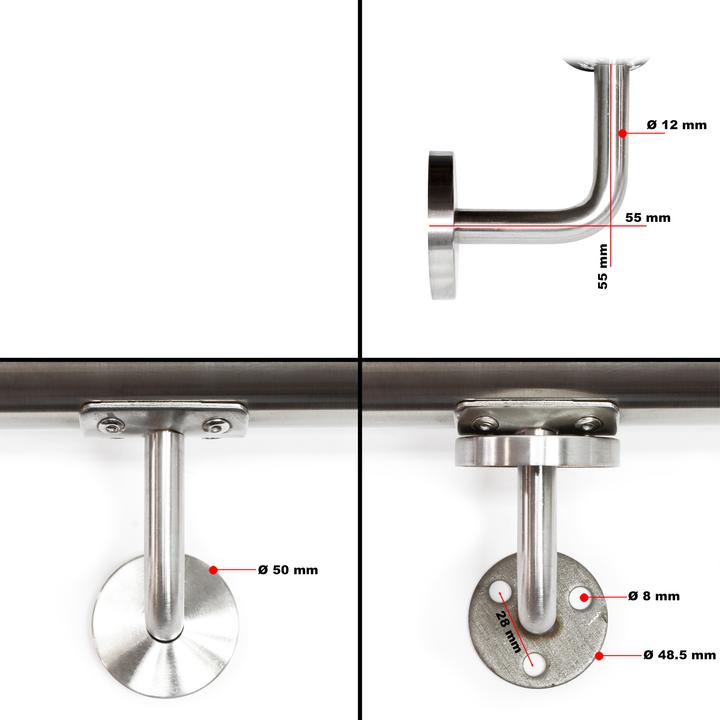 Produktbild Wiltec Handlaufset Wandhalter Handlauf 130cm Halter Treppe Haltegriff Edelstahl V2A (Edelstahl)