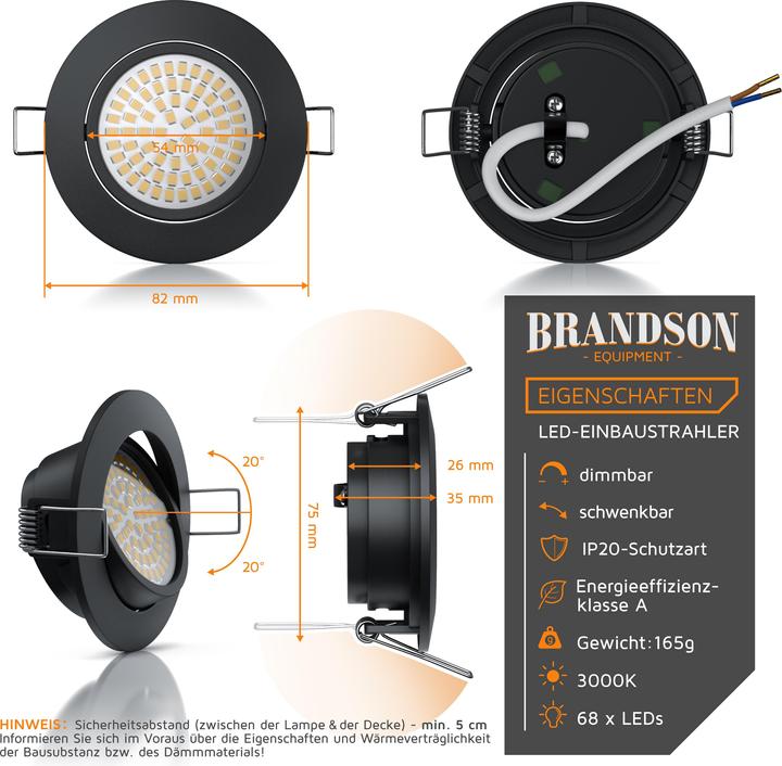 Produktbild Brandson LED Deckenspot, dimmbar & schwenkbar, Einbaustrahler, Aluminium Einbauspot, Einbauleuchte, schwarz (350 lm)
