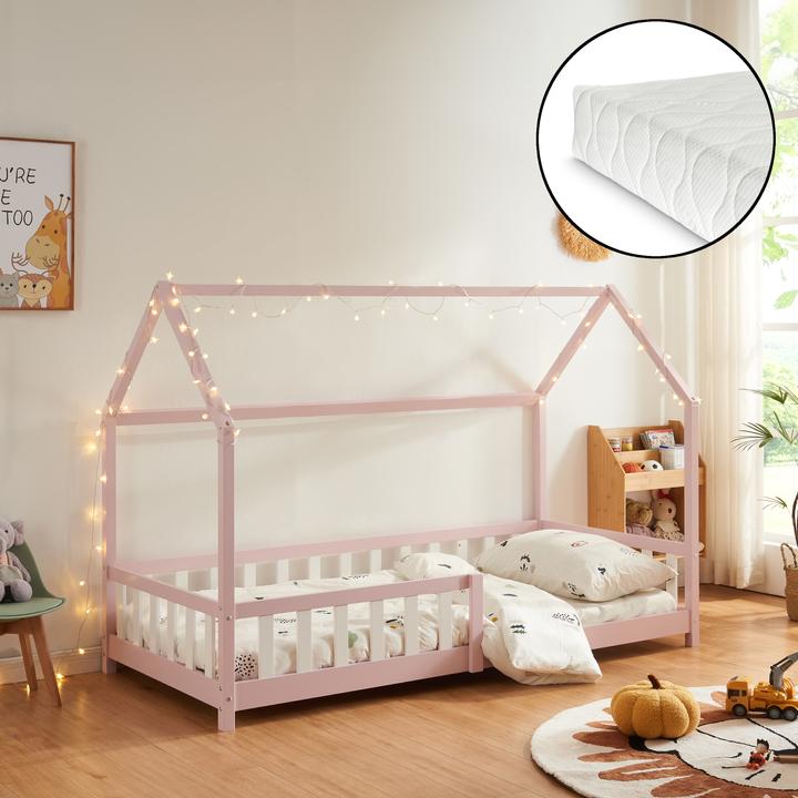 Produktbild En.Casa Hausbett Hesel mit Matratze und Rausfallschutz 90x200cm Rosa (90 x 200 cm)