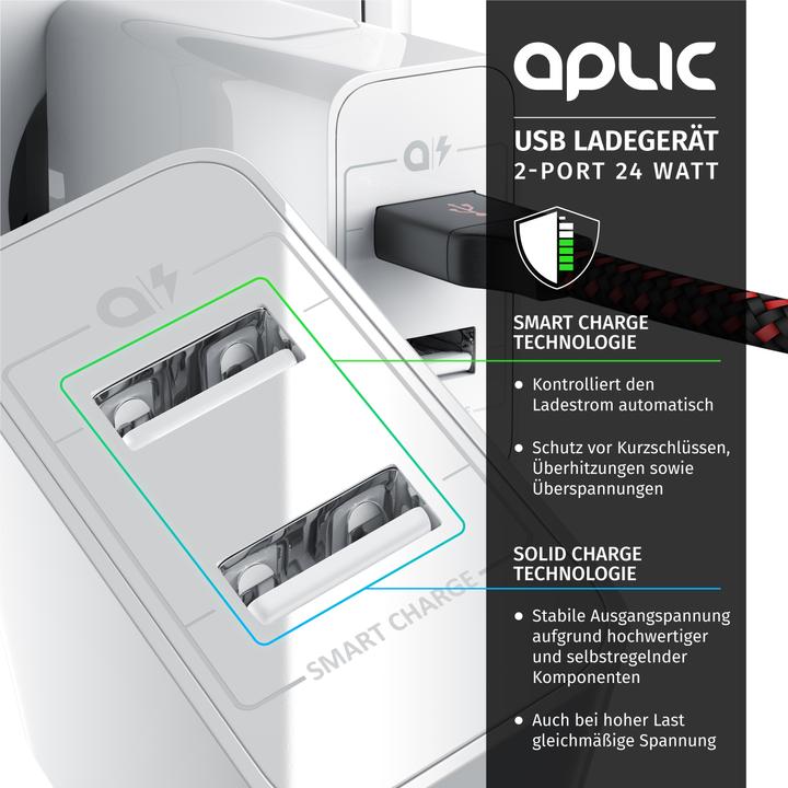 Image du produit Aplic Chargeur USB 4800 mA, banque d'énergie à 2 ports avec Smart Charge + Solid Charge, puissant 24W (24 W)