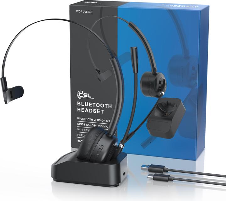 Image du produit CSL Casque sans fil, casque Bluetooth, microphone, station de charge, annulation du bruit, multipoint (Sans fil, USB-A)