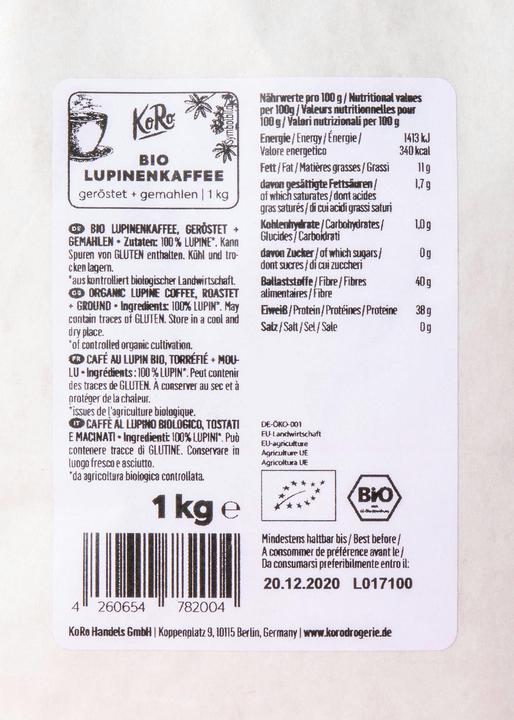 Nutritional values and ingredients KoRo Organic lupin coffee, roasted and ground (1000 g)