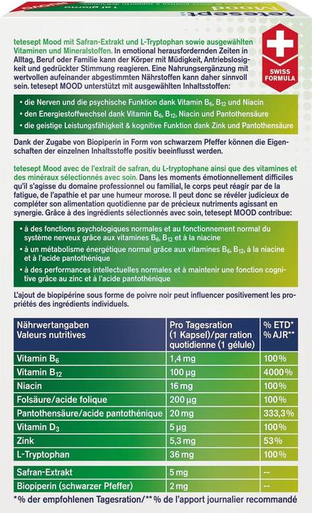 Valeurs nutritives et ingrédients Tetesept Humeur (12 pièce(s), Capsules)