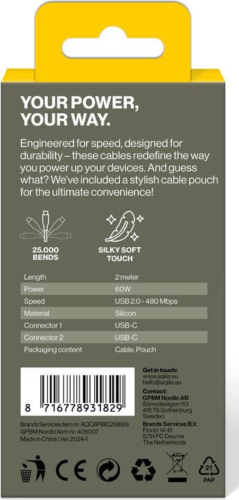 Produktbild Aqiila Cablebird CS12 - USB-C to USB-C Silicon cable, 60W (2m) - White (2 m, USB 2.0, 60 W)