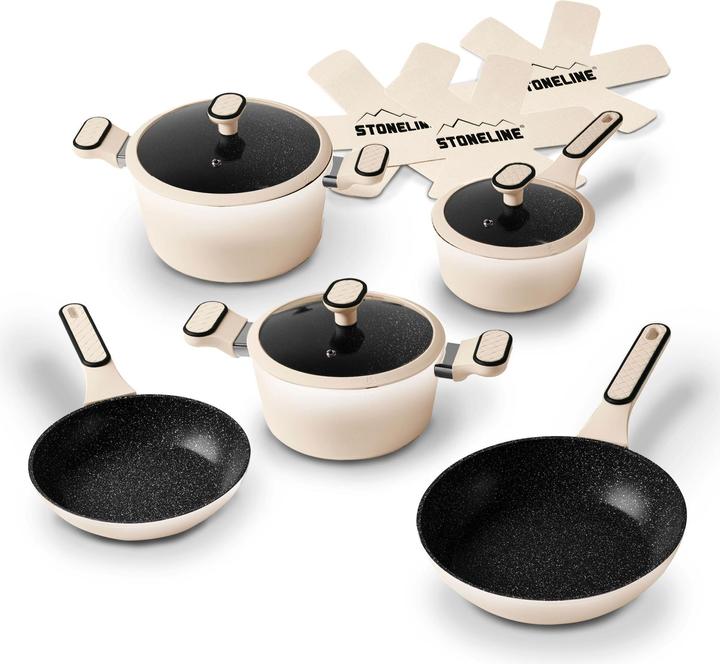 Actual product image Stoneline ® Creme Kochgeschirr-Set 11-teilig mit Deckeln, beschichtete Töpfe & Pfannen (Pan set + pot set, Ceramic)