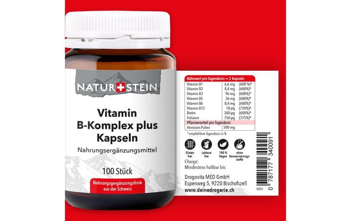 Valeurs nutritives et ingrédients Naturstein Complexe de vitamines B plus (100 pièce(s), Capsules, 148 g)