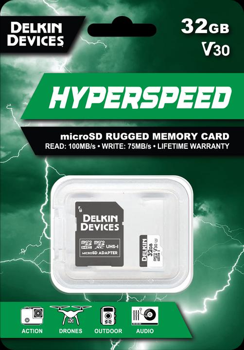 Actual product image Delkin HYPERSPEED UHS-I (V30) microSD 32GB R:100MB/s W:75MB/s (32 GB, microSDHC, U3, UHS-I)