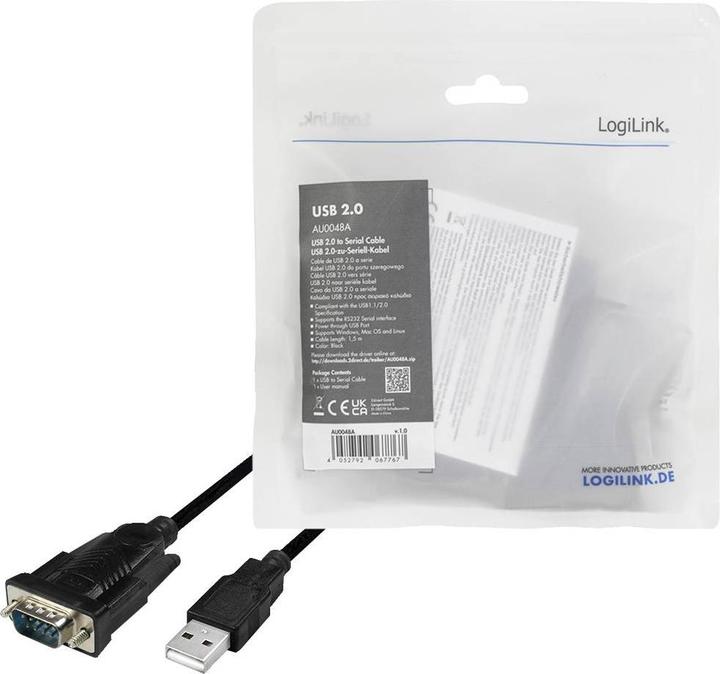 Actual product image LogiLink USB 2.0 RS232 adapter cable, black, 1.5 m Connectors: USB-A plug, DB9 plug (1.50 m)