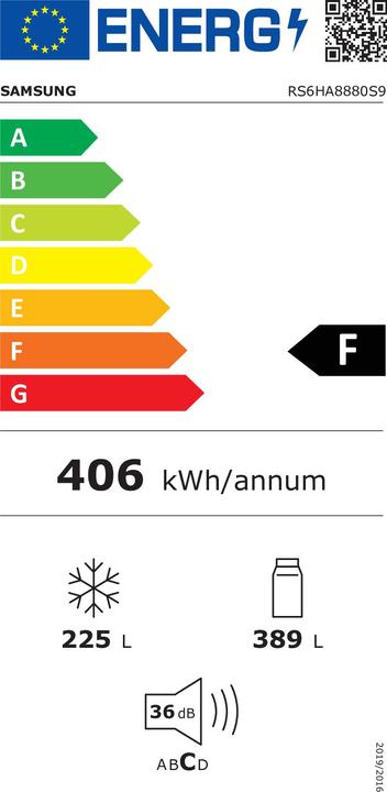 Energie-Label Samsung RS6HA8880S9/EG Side-by-Side Kühlkombination Freistehend F (591 l)