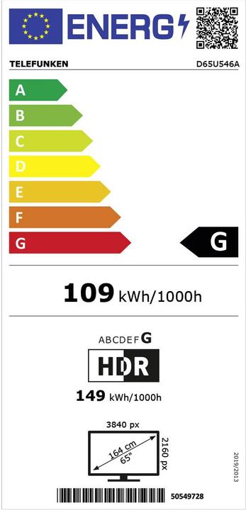 Energy Label Telefunken D65U546A 164 cm 65 inch EEK A+ (A+ D) DVB-T2, DV (65", LCD, UHD)