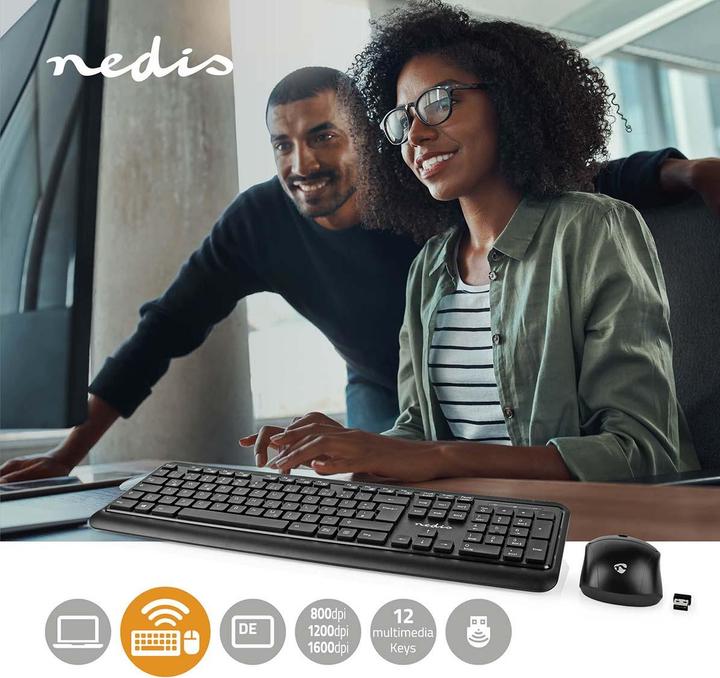 Actual product image Nedis KBMCW100BKDE Mouse and keyboard set Wireless mouse and keyboard connection: USB 800 / 1200 / 160 (DE, Wireless, Cable)