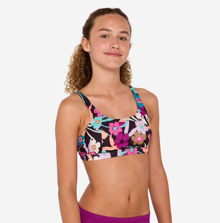 Olaian Bikini-Oberteil Mädchen Bustier geblümt verstellbar 500 Nora Azalea schwarz