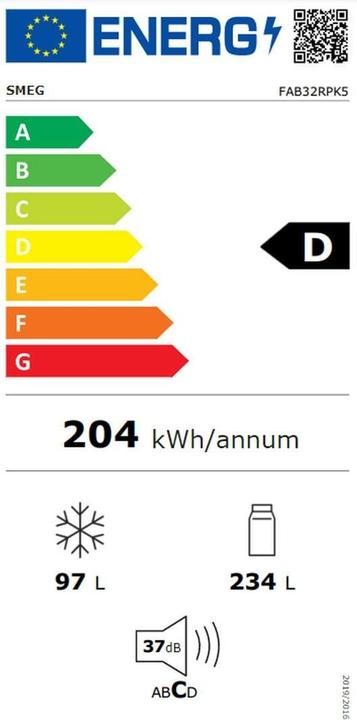 Energie-Label Smeg FAB32RPK5 50's Style, 2-türig, 60 cm, Rechts, No Frost, cadillac pink (331 l)