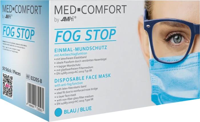 Produktbild Ampri MED-COMFORT FOG STOP Mundschutz 4-lagig TYP IIR 175x95 mm blau 50 Stk. (Schutzklasse I, 50 x)