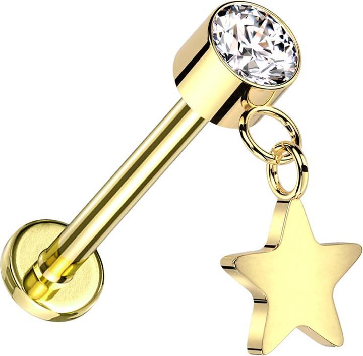 Produktbild Star Piercing Micro Threadless Labret vergoldet Zylinder vergoldet Kristall silber Anhänger Stern vergoldet (Titan G23, ohne Messing)