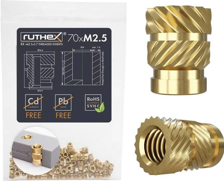 Produktbild Ruthex M2,5 Gewindeeinsatz - 70 Stück RX-M2,5x5.7 Gewindebuchsen aus Messing