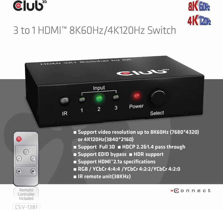 Produktbild Club 3D Club3D HDMI Switchbox 3 Eingänge -> 1 Ausgang 8K60Hz UHD retail