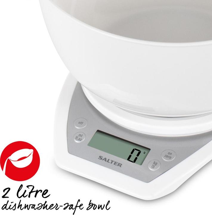 Actual product image Salter 1024 WHDR14 Digital Kitchen Scales with Dual Pour Mixing Bowl white