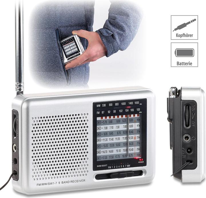 Image du produit Auvisio Récepteur mondial analogique 9 bandes avec FM, MW et 7x KW, format pochette de veste (FM, MF, KW)