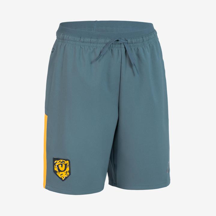 Kipsta Kinder Fussball Shorts - VIRALTO Kids grau mit orangem Streifen