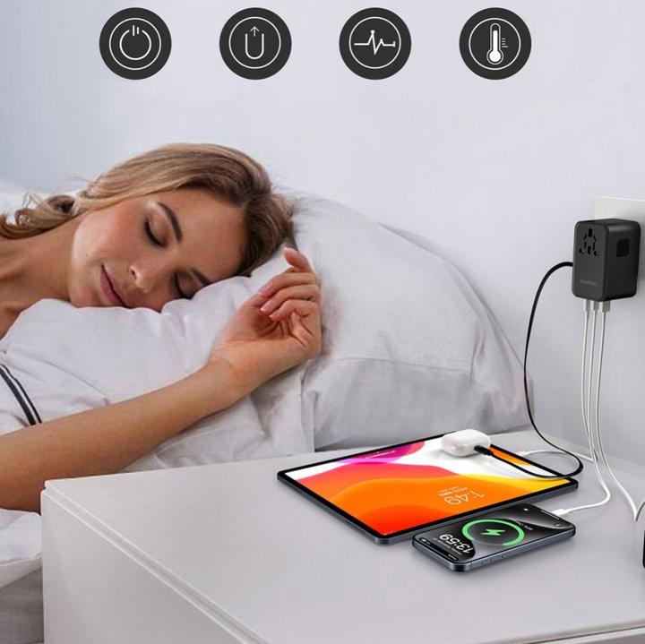 Image du produit Choetech PD5021 Adaptateur de voyage UE/US/AUS/UK 45W avec câble USB-C intégré - Noir