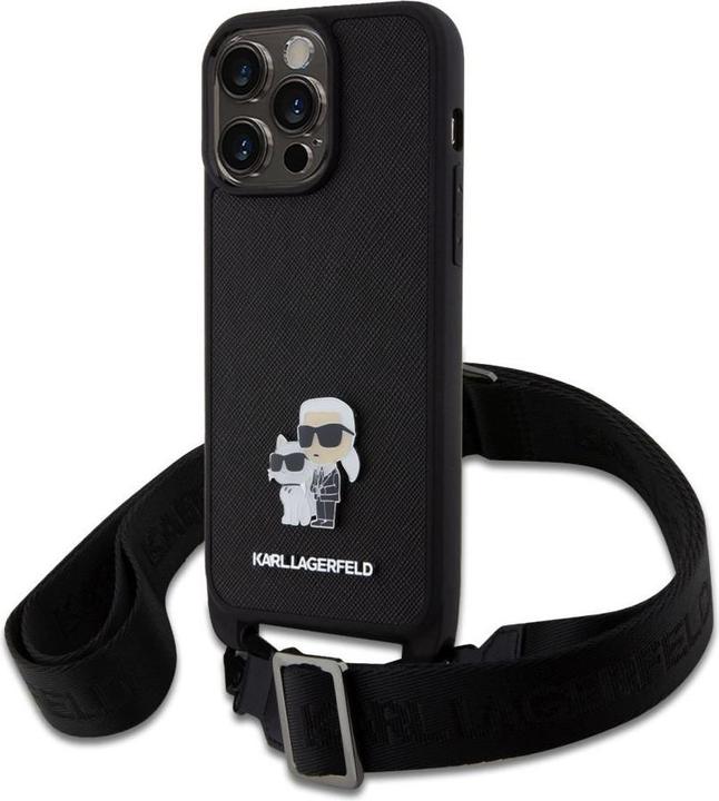 Produktbild Karl Lagerfeld Saffiano Crossbody Strap Metal Karl and Choupette Case for iPhone 15 Pro Max Black (Apple iPhone 15 Pro Max)