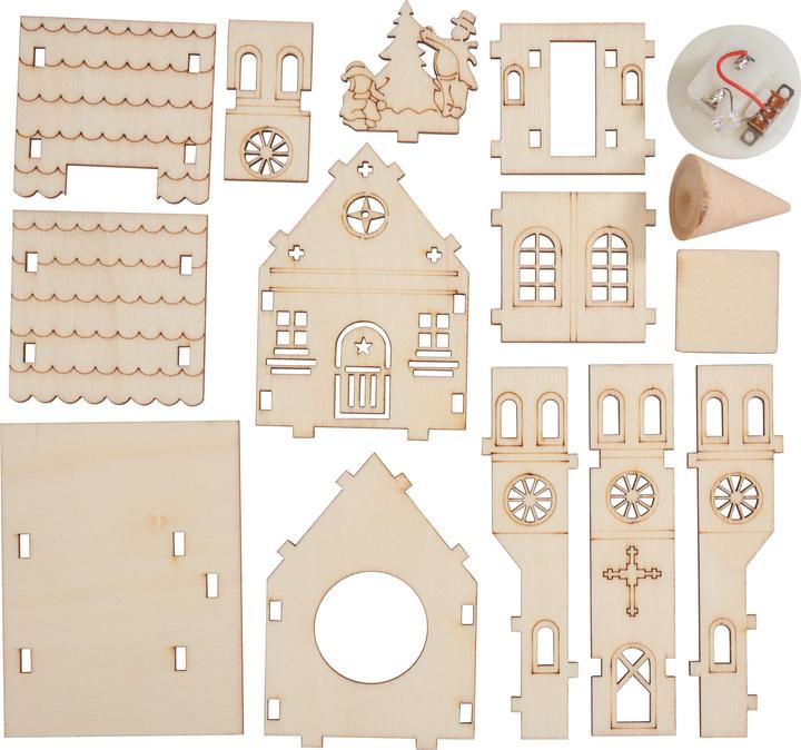 Produktbild VBS Holzbausatz "Kirche mit runder Turmspitze", inkl. LED