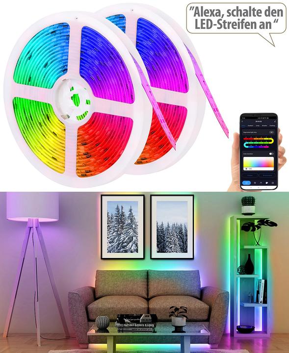 Produktbild Luminea 2er-Set WLAN-RGBIC-LED-Lichtstreifen (RGB, 500 cm, Indoor)
