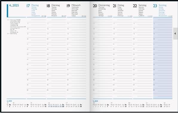 Actual product image Rido Book Calendar Weekly Timer 21x26cm Balacron black 2025 (208 x 258 mm, Italian, Russian, Dutch, Spanish, English, French)