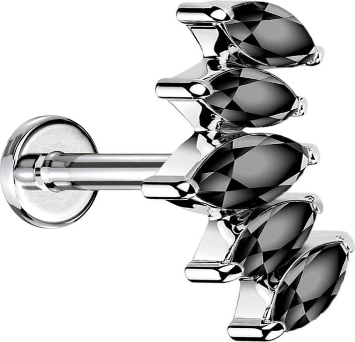 Star Piercing Micro Labret Innengewinde silber Fächer mit fünf Kristalle schwarz (ohne Messing, Chirurgenstahl 316L)