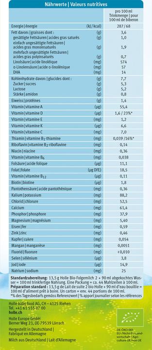 Valori nutrizionali e ingredienti Holle Latte di proseguimento biologico (667 g, da 6 m.)