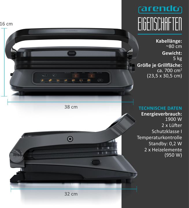 Produktbild Arendo Kontaktgrill 1900W, Digitalsteuerung, Tischgrill, Sandwichmaker, Abnehmbare Platten, Elektrogrill