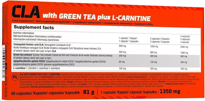 Nährwerte und Zutaten Olimp Sport Nutrition CLA & Green Tea Plus L-Carnitine Sport Edition (60 Caps) (60 Stück, Kapseln)
